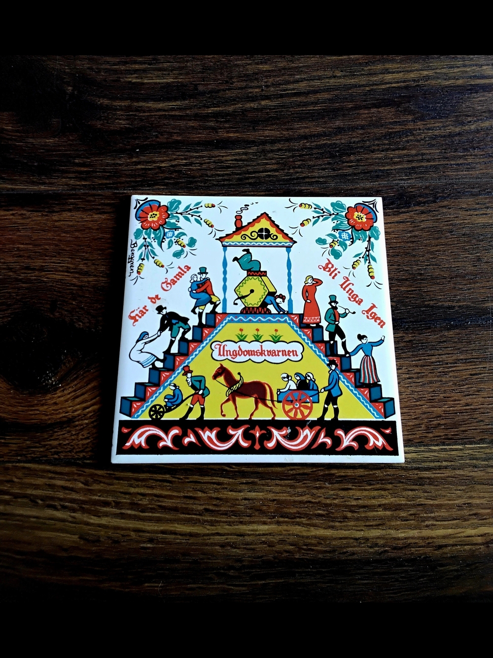 1960's Berggren Scandinavian Ceramic Trivet Tile Wall Hanging. Folk Art